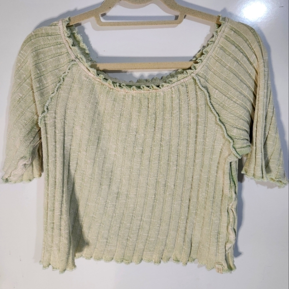 We The Free Green Ribbed Ruffled Crop Blouse, Size XL, NWT